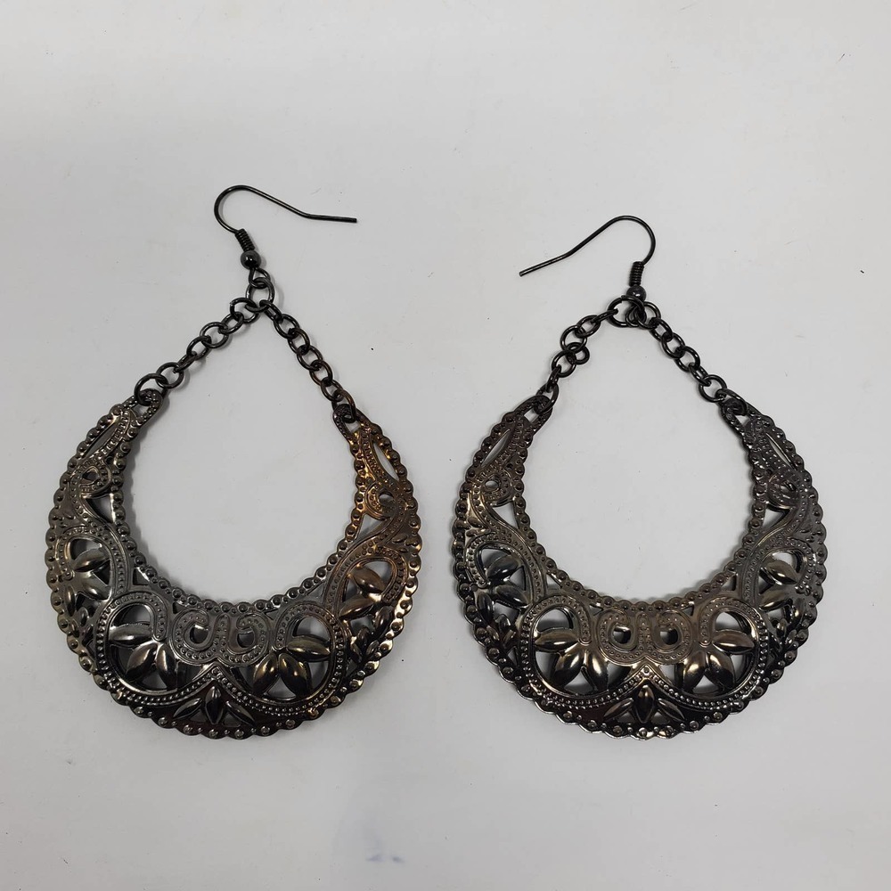 Chandelier Drop Textured Oval Earring 90's Inspired Fashion - Picture 2 of 5